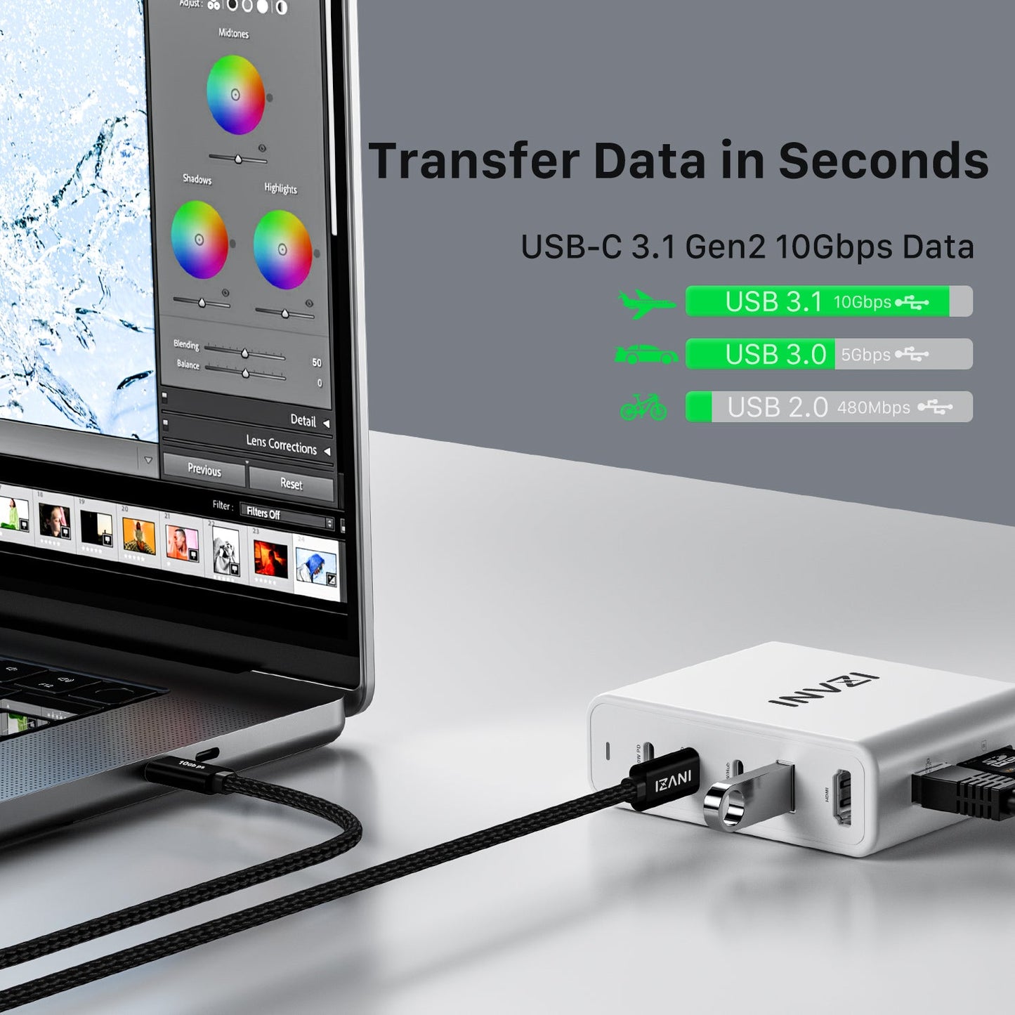 INVZI 100W/10Gbps USB 3.2 Gen2 USB-C to USB-C Cable (2m)
